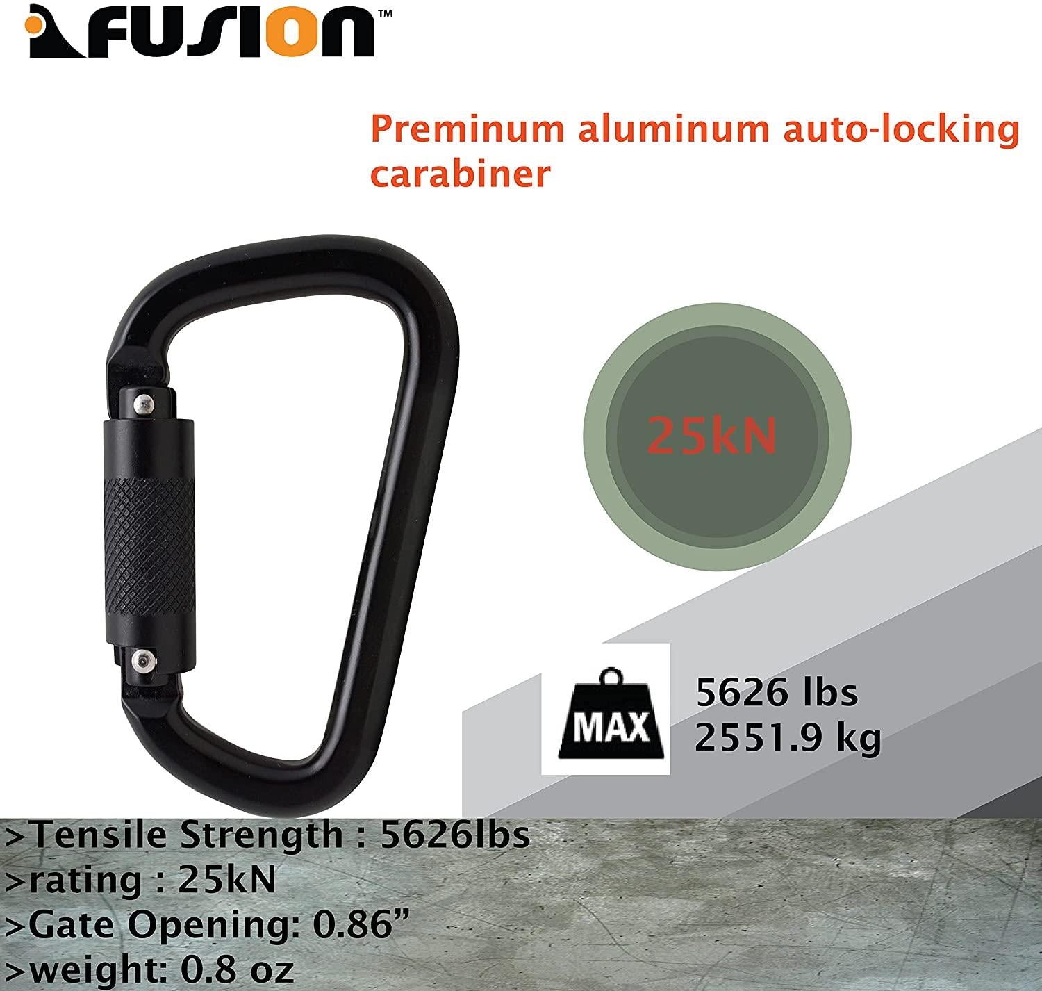 Fusion Climb Auto Lock Modified D Shape Aluminum Carabiner, UIAA Certified, Heavy Duty for Camping, Hiking, Outdoor and Gym 10-PACK, Black, (FP-8106-2-BLK-10P)