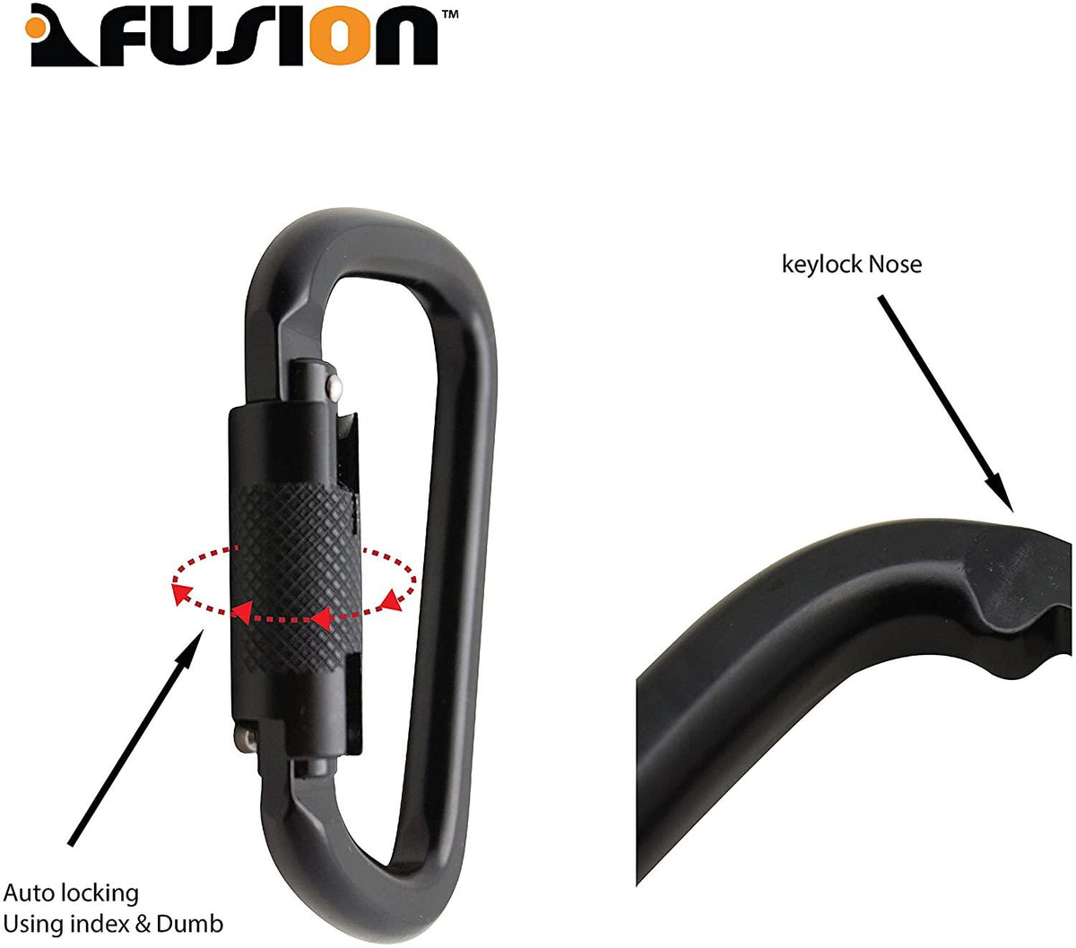 Fusion Climb Auto Lock Modified D Shape Aluminum Carabiner, UIAA Certified, Heavy Duty for Camping, Hiking, Outdoor and Gym 10-PACK, Black, (FP-8106-2-BLK-10P)