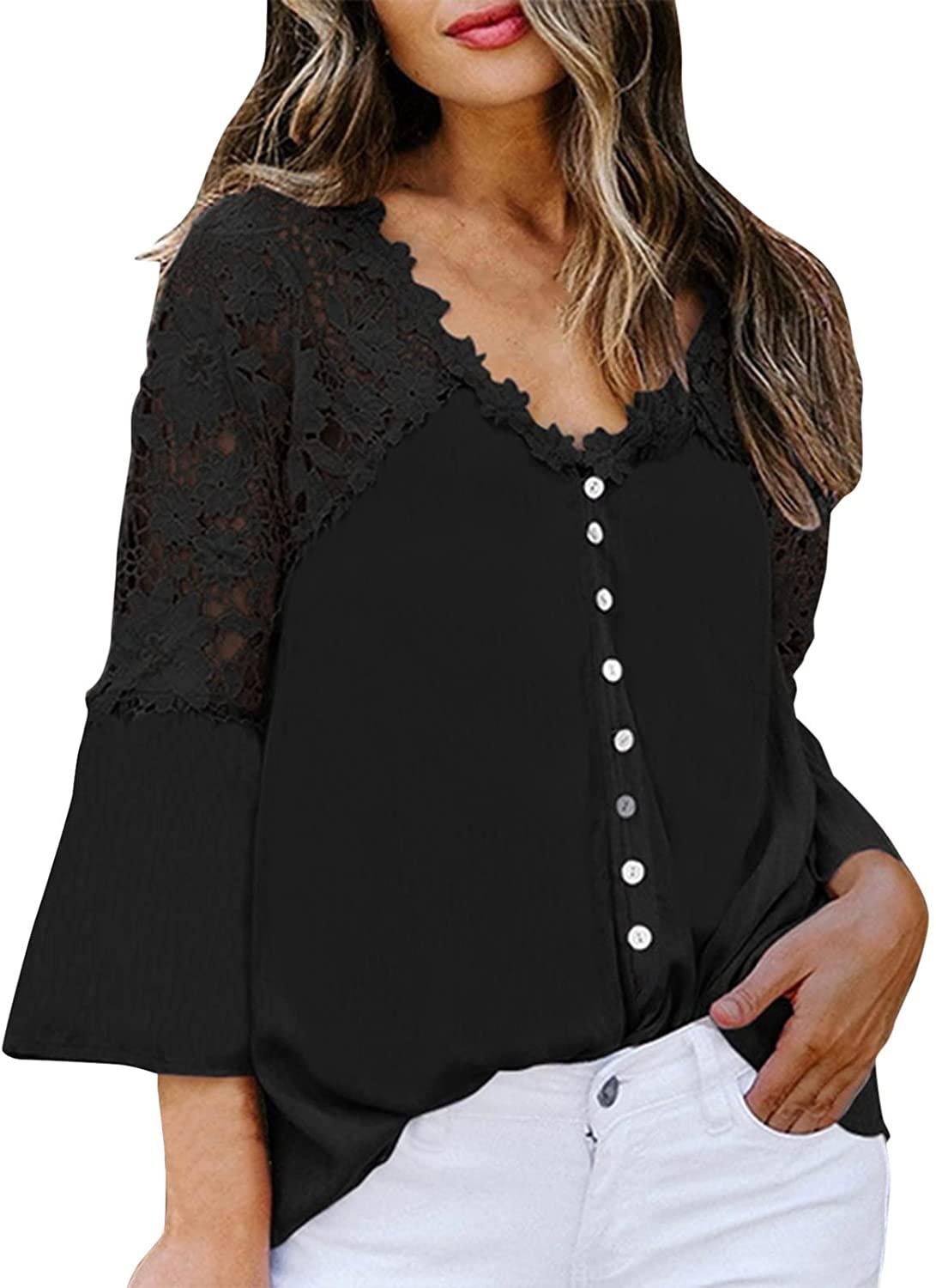 Women's Tops Lace Crochet V Neck Button Down Bell Sleeve Shirts Casual Loose Blouses