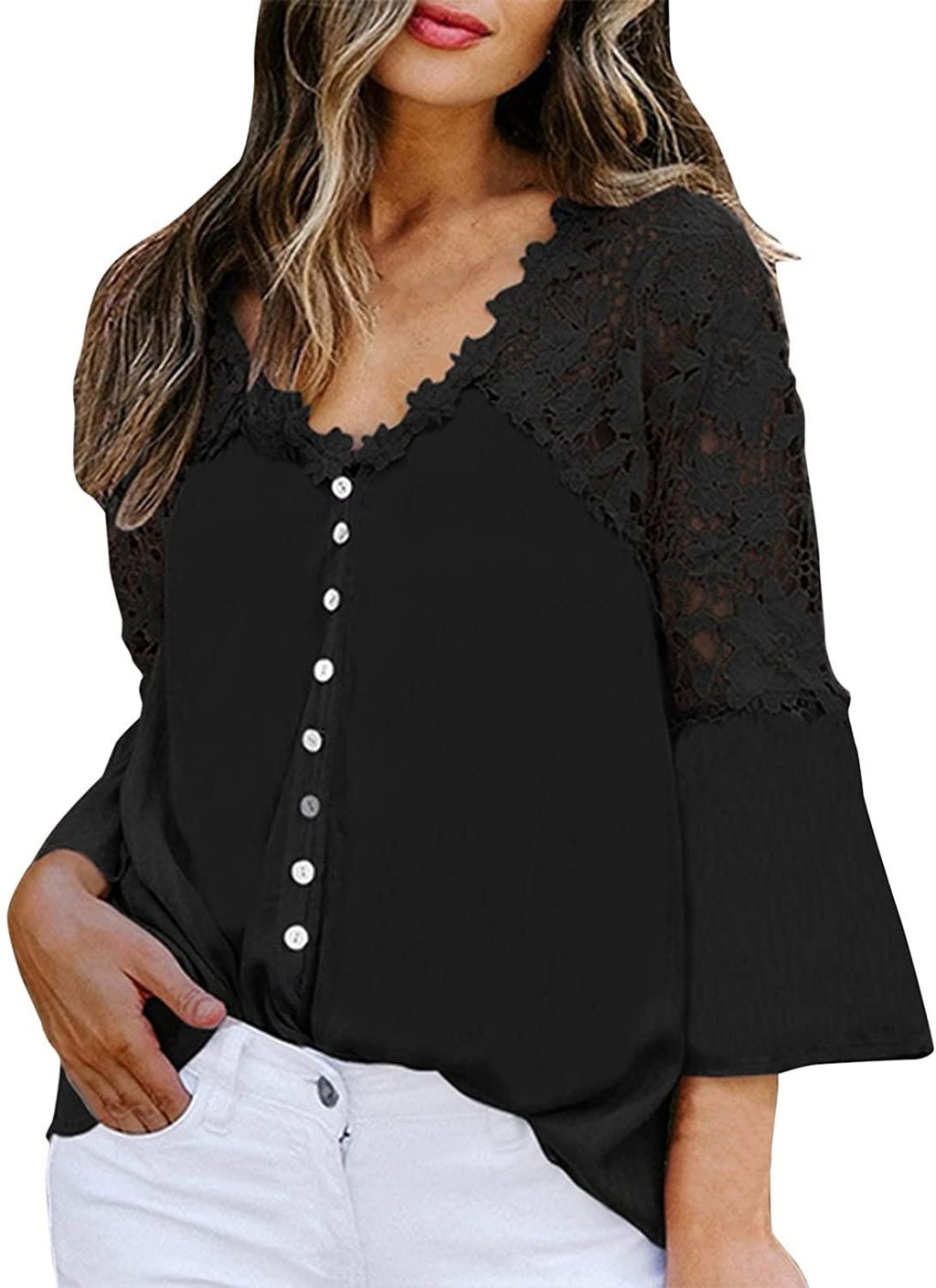 Women's Tops Lace Crochet V Neck Button Down Bell Sleeve Shirts Casual Loose Blouses