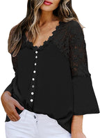 Women's Tops Lace Crochet V Neck Button Down Bell Sleeve Shirts Casual Loose Blouses