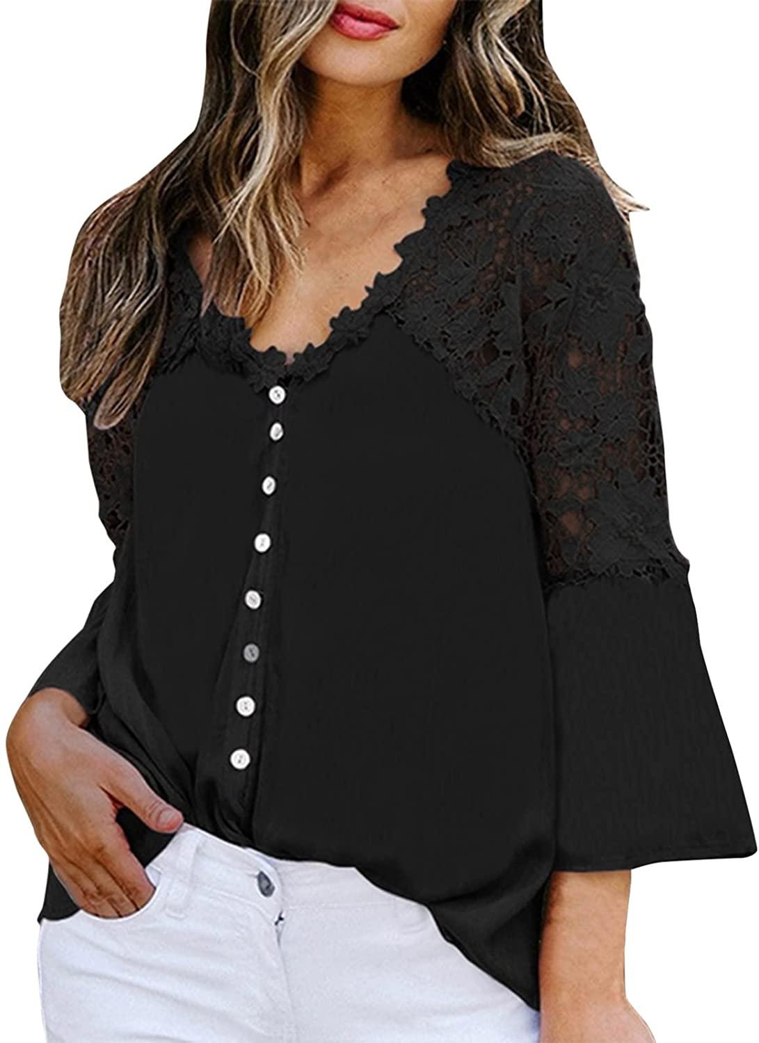Women's Tops Lace Crochet V Neck Button Down Bell Sleeve Shirts Casual Loose Blouses