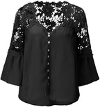 Women's Tops Lace Crochet V Neck Button Down Bell Sleeve Shirts Casual Loose Blouses