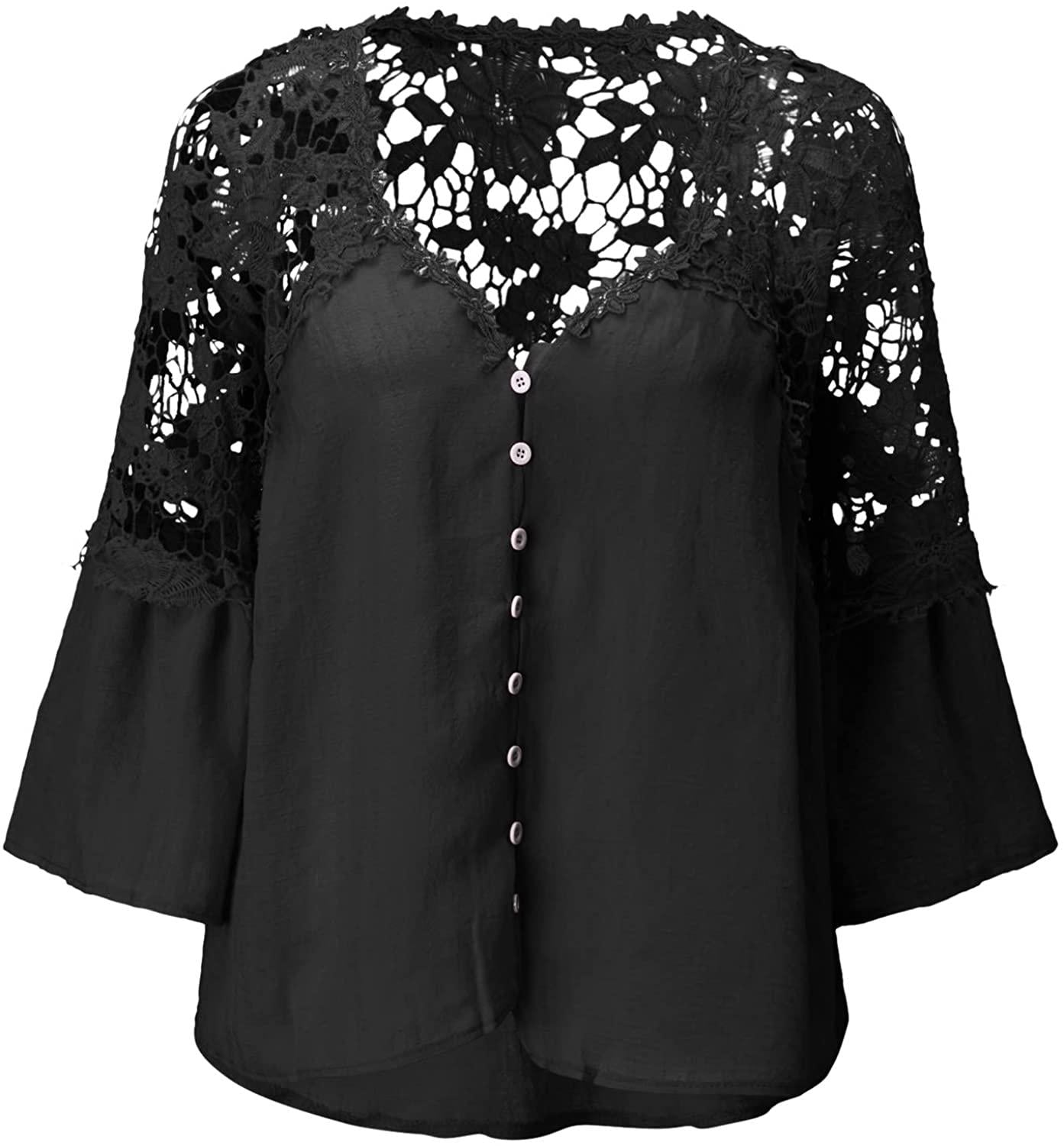 Women's Tops Lace Crochet V Neck Button Down Bell Sleeve Shirts Casual Loose Blouses