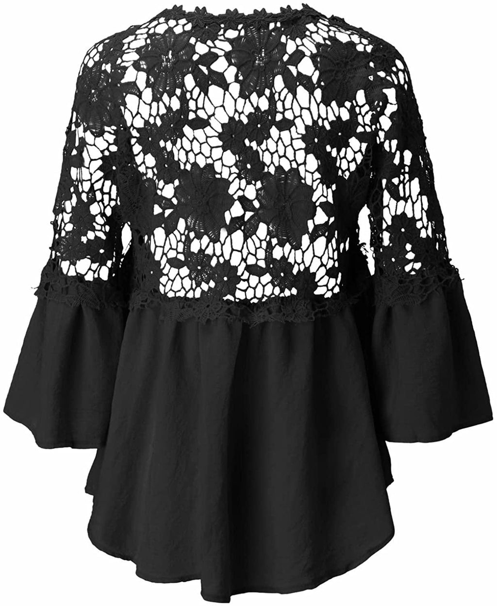 Women's Tops Lace Crochet V Neck Button Down Bell Sleeve Shirts Casual Loose Blouses