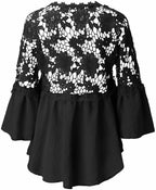 Women's Tops Lace Crochet V Neck Button Down Bell Sleeve Shirts Casual Loose Blouses