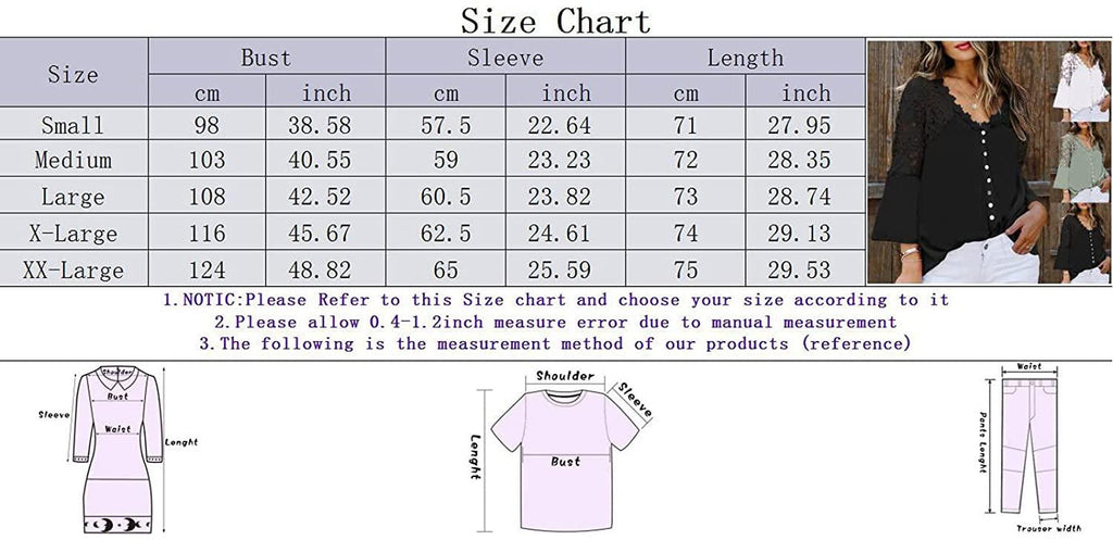 Women's Tops Lace Crochet V Neck Button Down Bell Sleeve Shirts Casual Loose Blouses