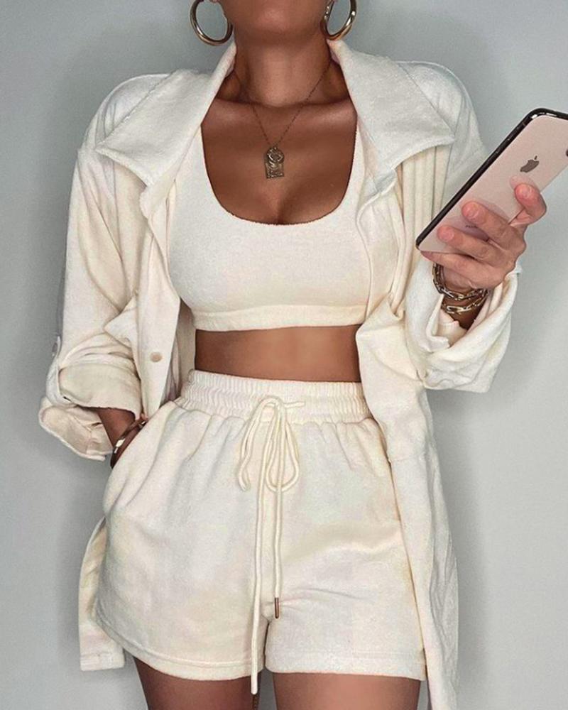 crop tank top &amp; drawstring pocket shorts with button through roll up sleeve coat set