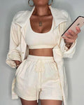 crop tank top &amp; drawstring pocket shorts with button through roll up sleeve coat set