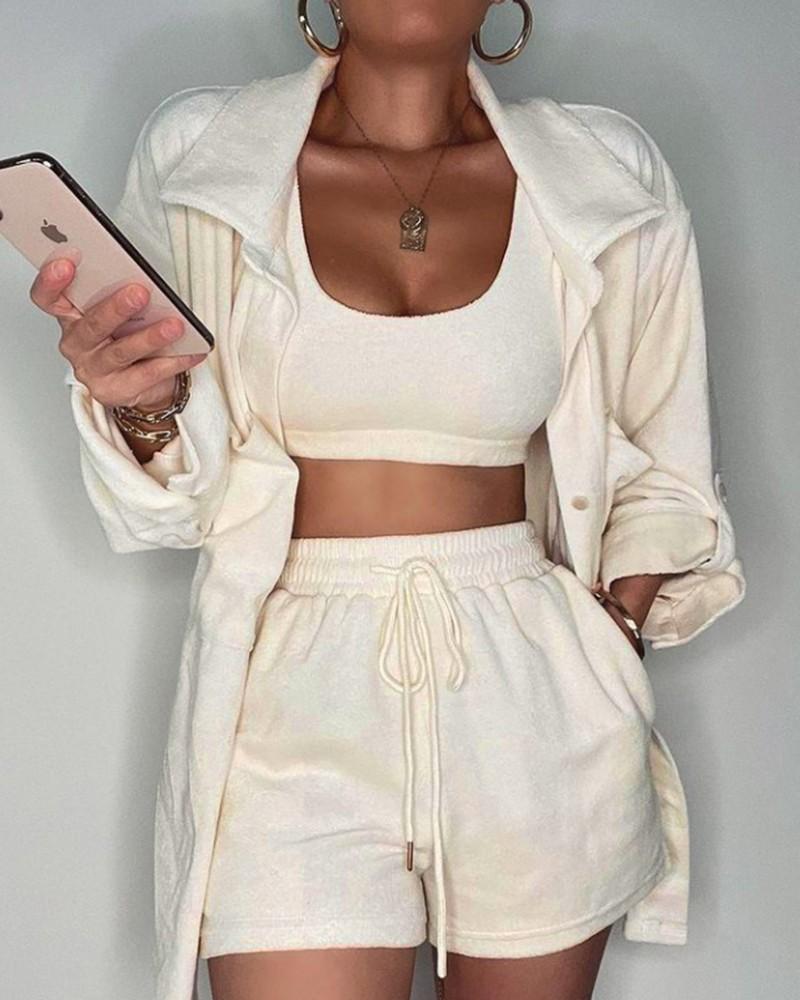 crop tank top &amp; drawstring pocket shorts with button through roll up sleeve coat set