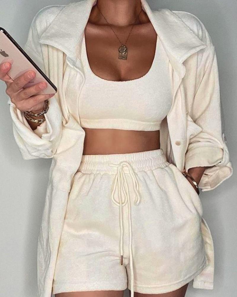 crop tank top &amp; drawstring pocket shorts with button through roll up sleeve coat set