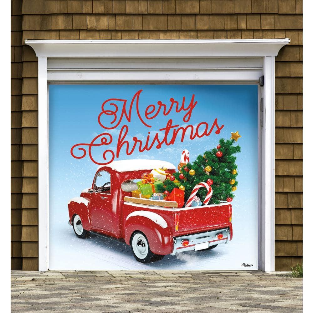 7 ft. x 8 ft. Red Truck Christmas-Christmas Garage Door Decor Mural for Single Car Garage