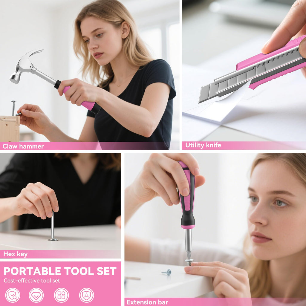 Pink Tool Kit 69 Piece Tool Kit for Women Small Basic Hand Tool Box Home Tool Set Perfect for Ladies and Girls with General Home Repairs, DIY Project,Office and ColleDormitory Use