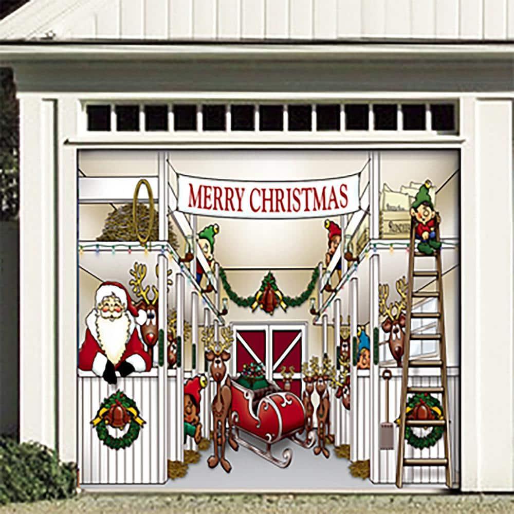 7 ft. x 8 ft. Santa's Reindeer Barn Holiday Garage Door Decor Mural for Single Car Garage