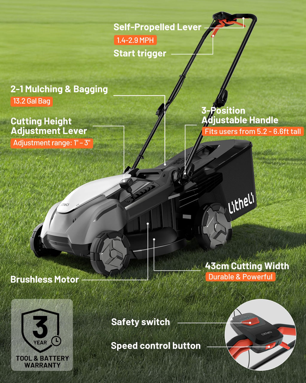 18-inch 40V Self-Propelled Brushless Lawn Mower for Garden Yards, Lightweight Cordless Mower with 6-Position Height Adjustment, 2×5.0Ah Batteries Included