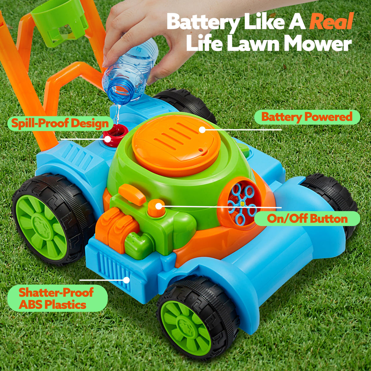 Bubble Lawn Mower Toddler Toys - Spill-Proof Bubble Machine Pretend Gardening Play Toy for A1 2 3 1-3 Year Old Baby Boys Indoor Outdoor Use, Summer Birthday Gifts (Blue)