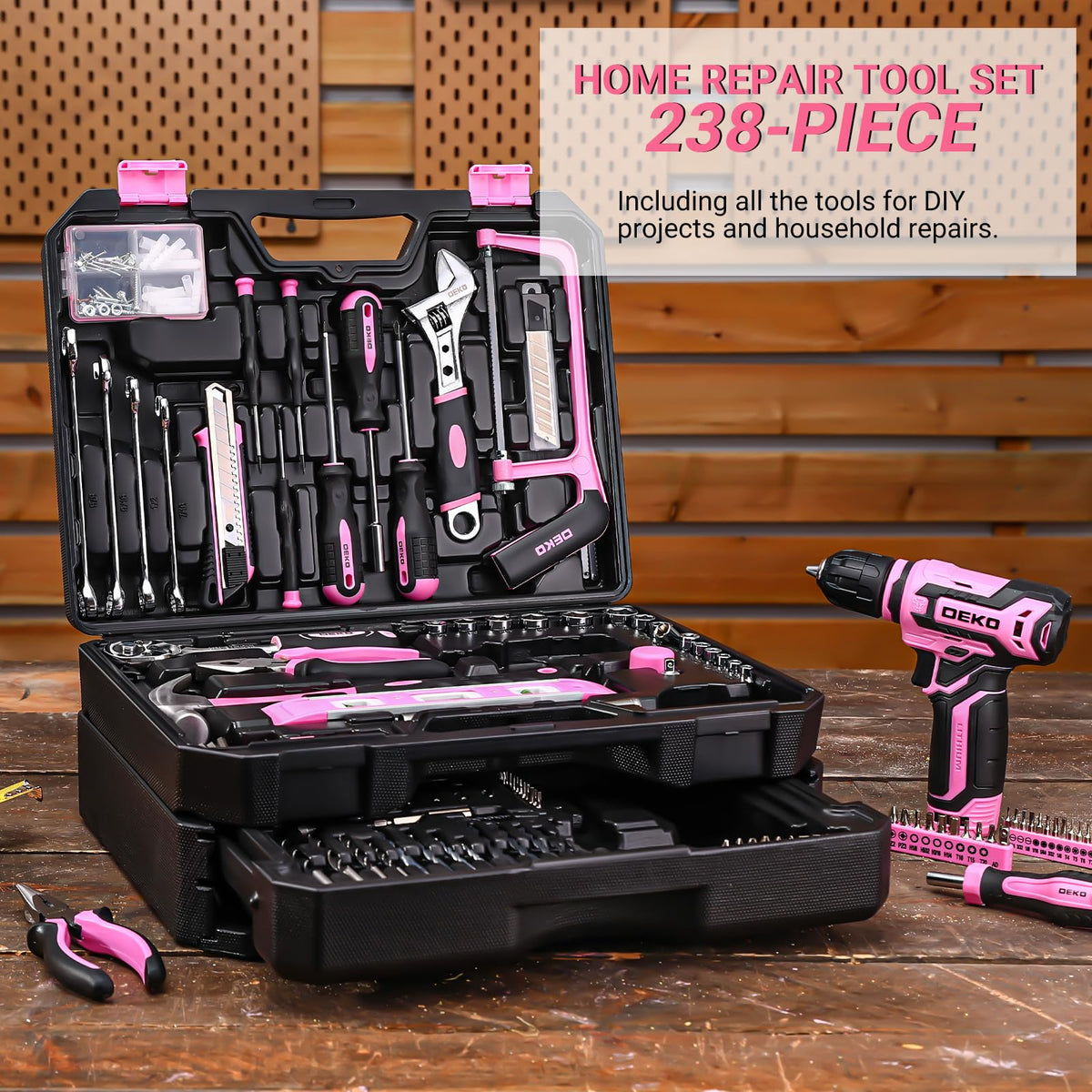 Pink Tool Kit Box Drill Set： Home Mechanic Toolbox with 12V Power Cordless Drill Hand Repair Tools Sets Combo Kits StoraOrganizer Drawer Case for Men & Women