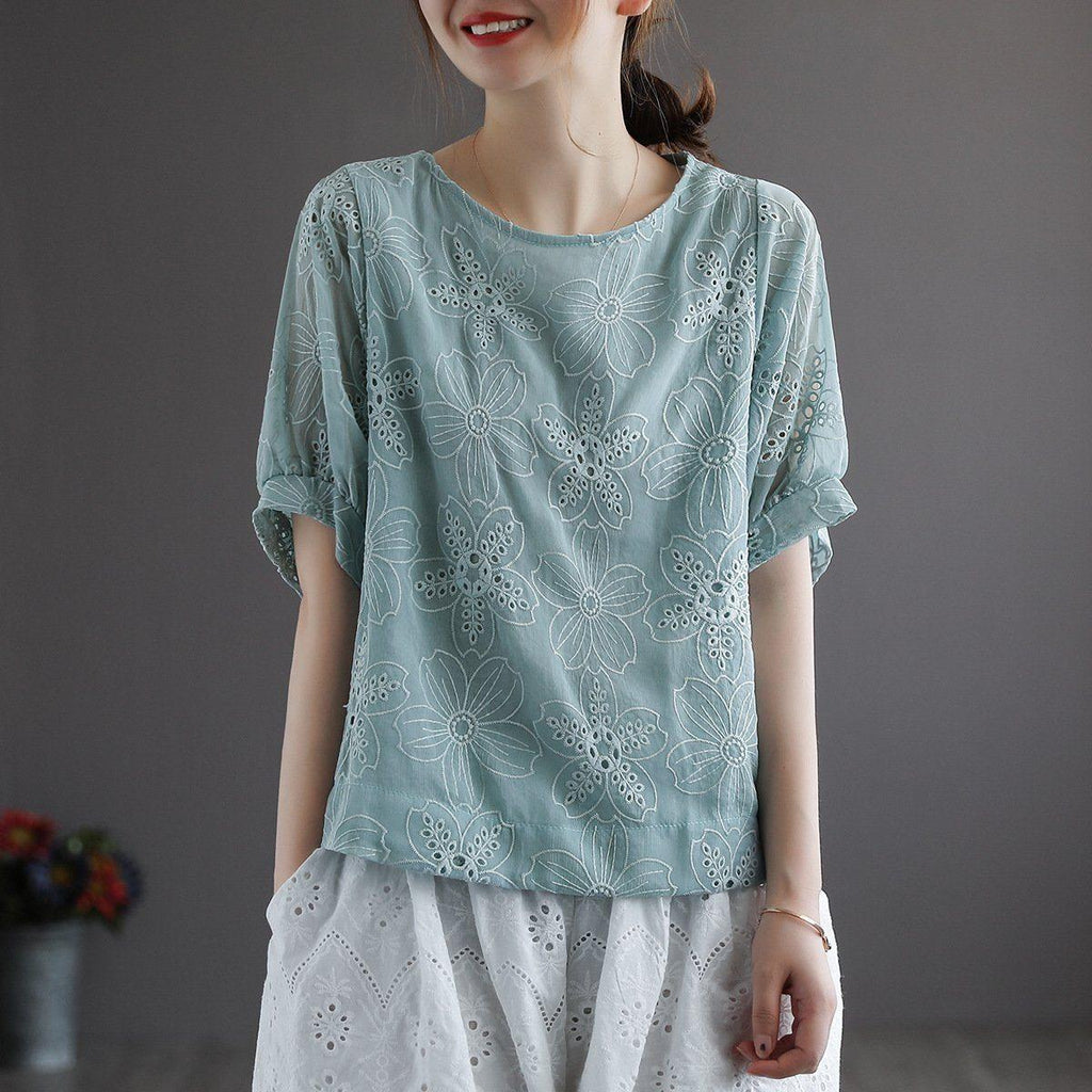 women summer retro casual floral embroidery cotton t-shirt