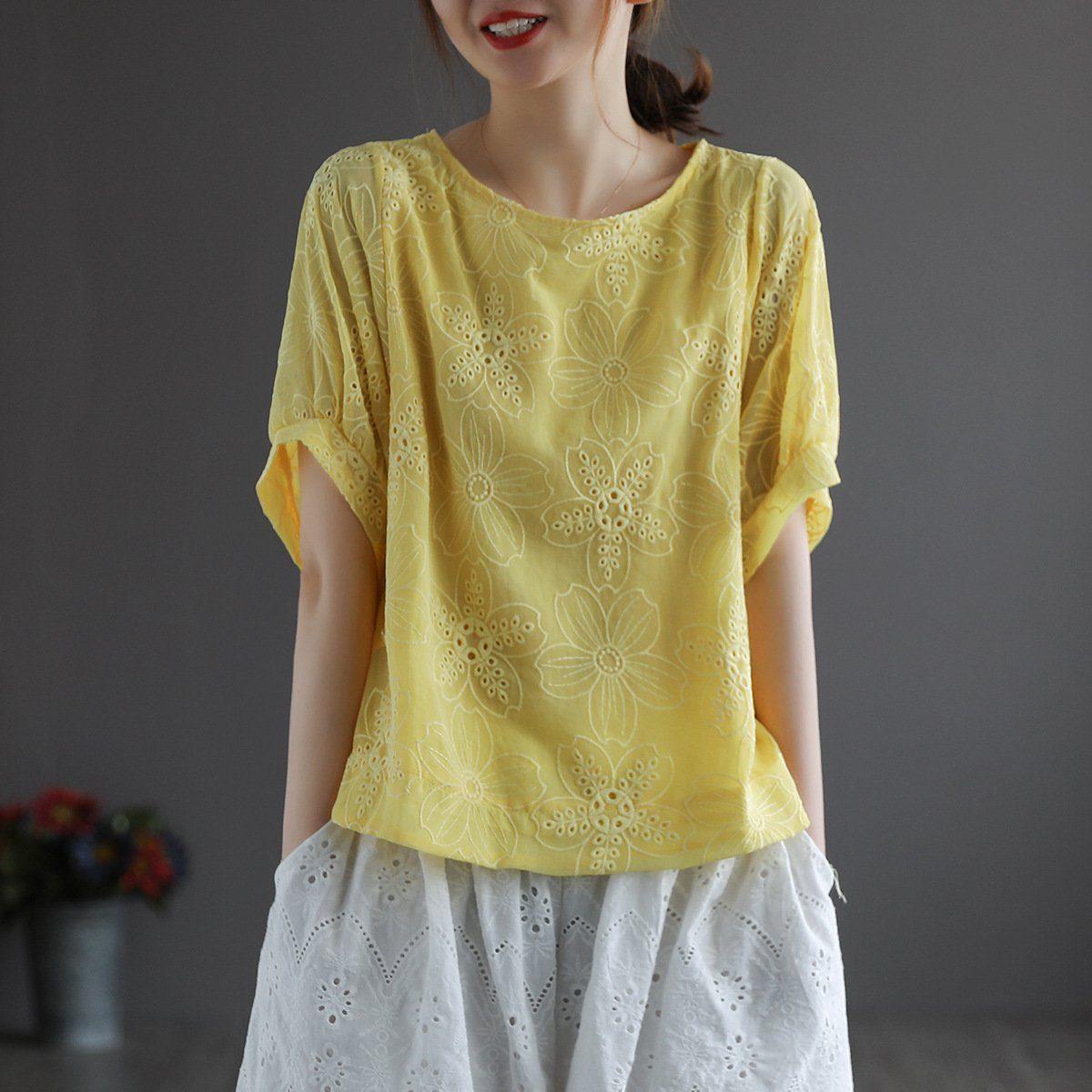 women summer retro casual floral embroidery cotton t-shirt