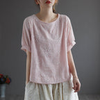 women summer retro casual floral embroidery cotton t-shirt