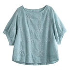 women summer retro casual floral embroidery cotton t-shirt