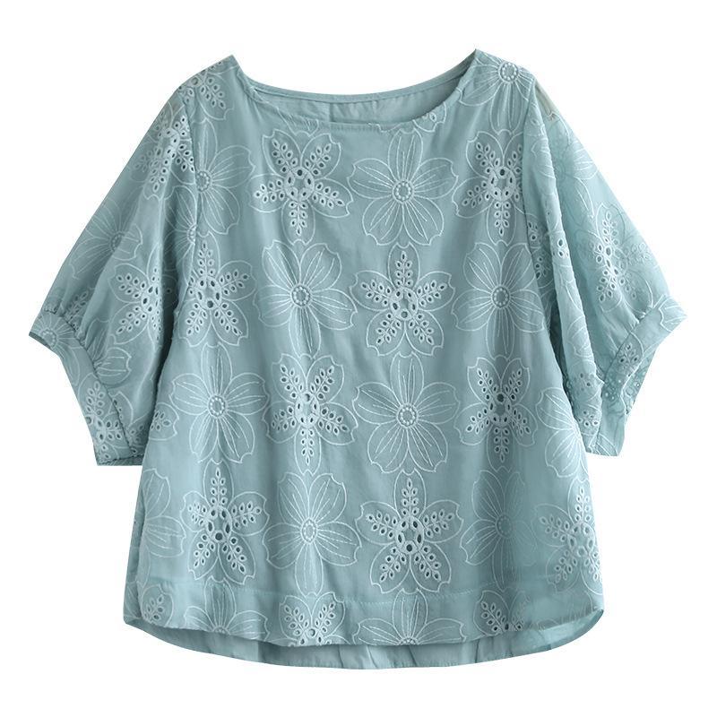 women summer retro casual floral embroidery cotton t-shirt