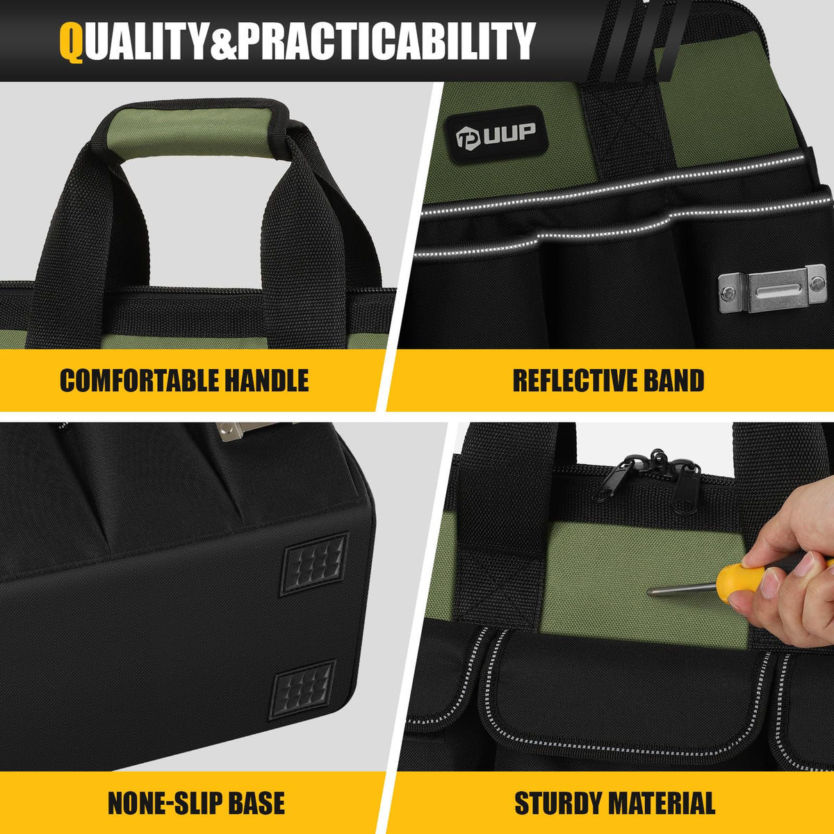 Heavy Duty Tool Bag 15-Inch, 16-Pocket Portable Empty Tool Box Organizer, Big StoraToolbox Organization, Soft Handle LarZipper Carrying Toolbag, Father Day Gifts for Him Dad Men, Green
