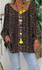 Women's Fashion V-Neck Long Sleeve Leopard Print Loose T-Shirt