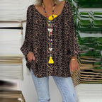 Women's Fashion V-Neck Long Sleeve Leopard Print Loose T-Shirt