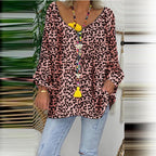 Women's Fashion V-Neck Long Sleeve Leopard Print Loose T-Shirt