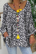 Women's Fashion V-Neck Long Sleeve Leopard Print Loose T-Shirt