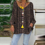 Women's Fashion V-Neck Long Sleeve Leopard Print Loose T-Shirt