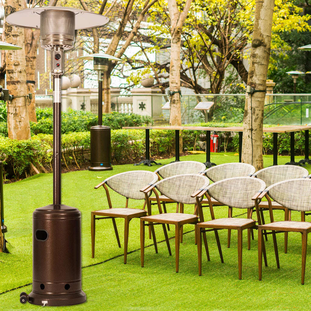 RTR Outdoor Gas Heater,Portable Power Heater,88 Inches Tall Premium Standing Patio Heater,With Auto Shut Off And Simple Ignition System, Wheels And Base Reservoir, Brown