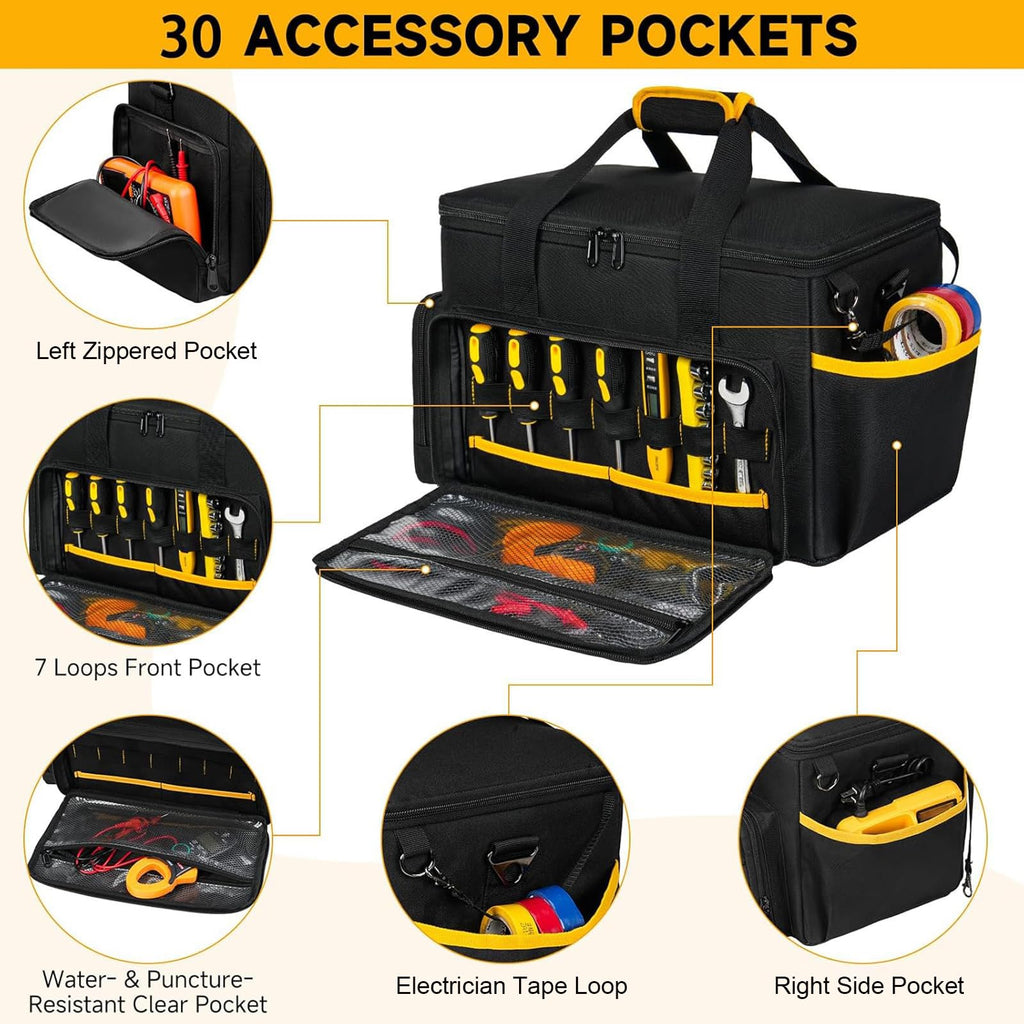 Tool Bag 15 Inch,Heavy Duty Tool Organizer,Tactical RanTool Tote,30 Pockets & Anti-Friction Bottom,Water-Resistant,Tool Box for Him Dad Men,Electrician,Carpenter,Repairman,Ideal Gift for Father
