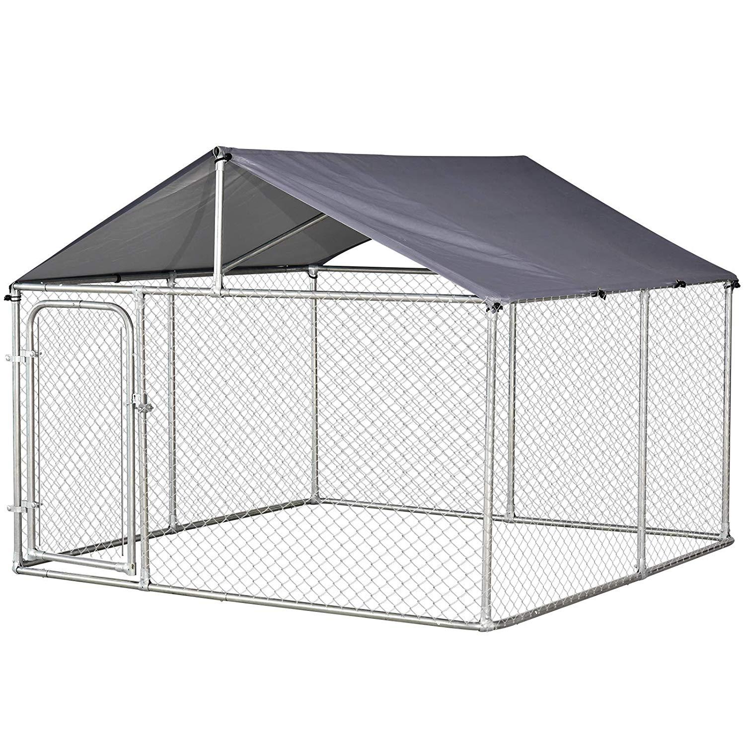 PawHut 7.5'x7.5'x5.6' LarOutdoor Dog Kennel Galvanized Steel Fence with Oxford Cloth Roof and Lock