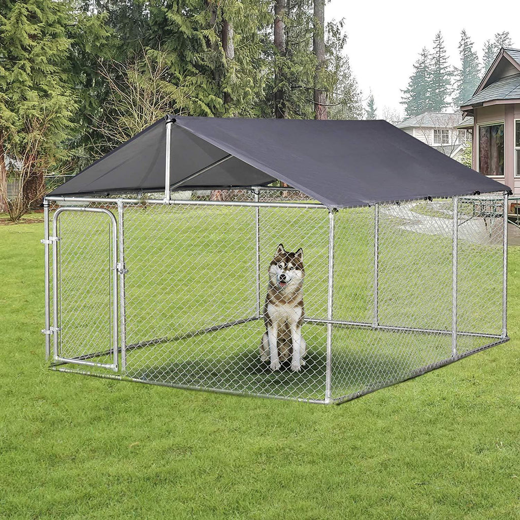 PawHut 7.5'x7.5'x5.6' LarOutdoor Dog Kennel Galvanized Steel Fence with Oxford Cloth Roof and Lock