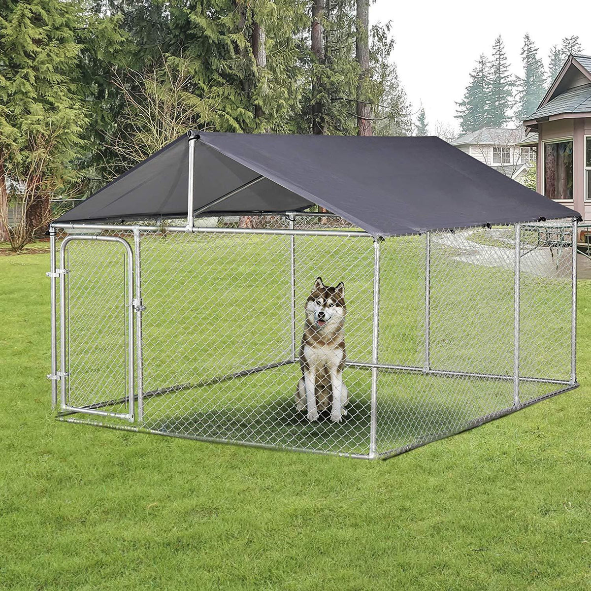 PawHut 7.5'x7.5'x5.6' LarOutdoor Dog Kennel Galvanized Steel Fence with Oxford Cloth Roof and Lock