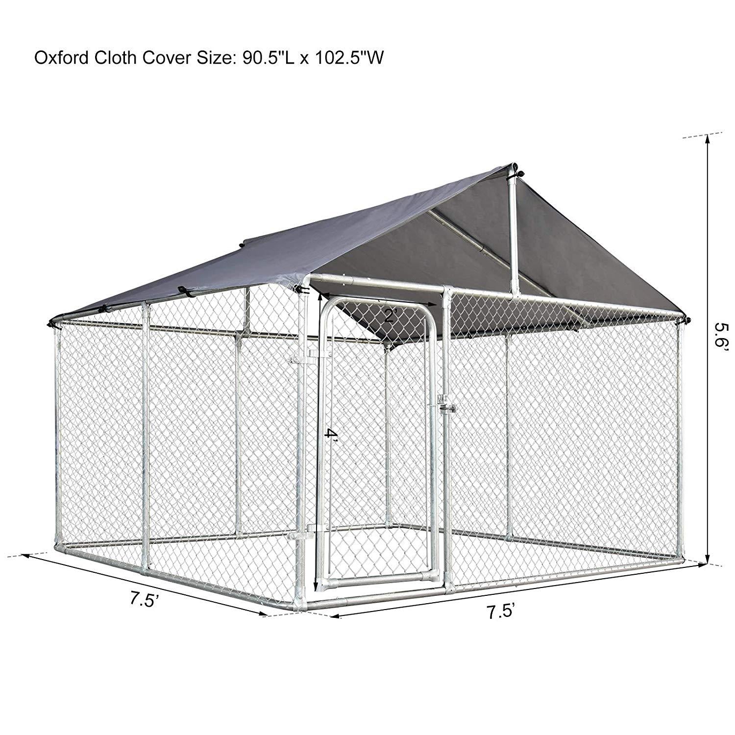 PawHut 7.5'x7.5'x5.6' LarOutdoor Dog Kennel Galvanized Steel Fence with Oxford Cloth Roof and Lock