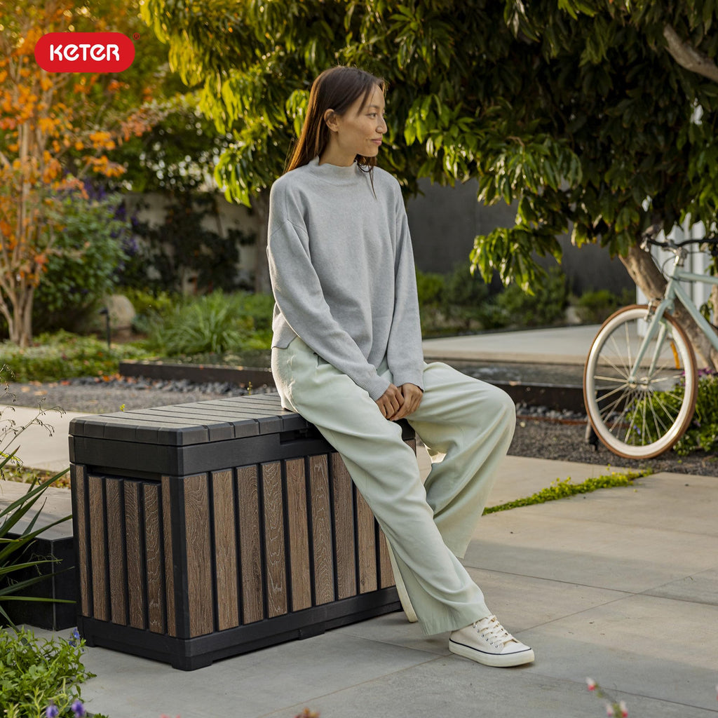 Signature Ever50 Gallon Resin Deck Box-Organization and Storafor Patio Cushions, Throw Pillows and Garden Tools, Walnut