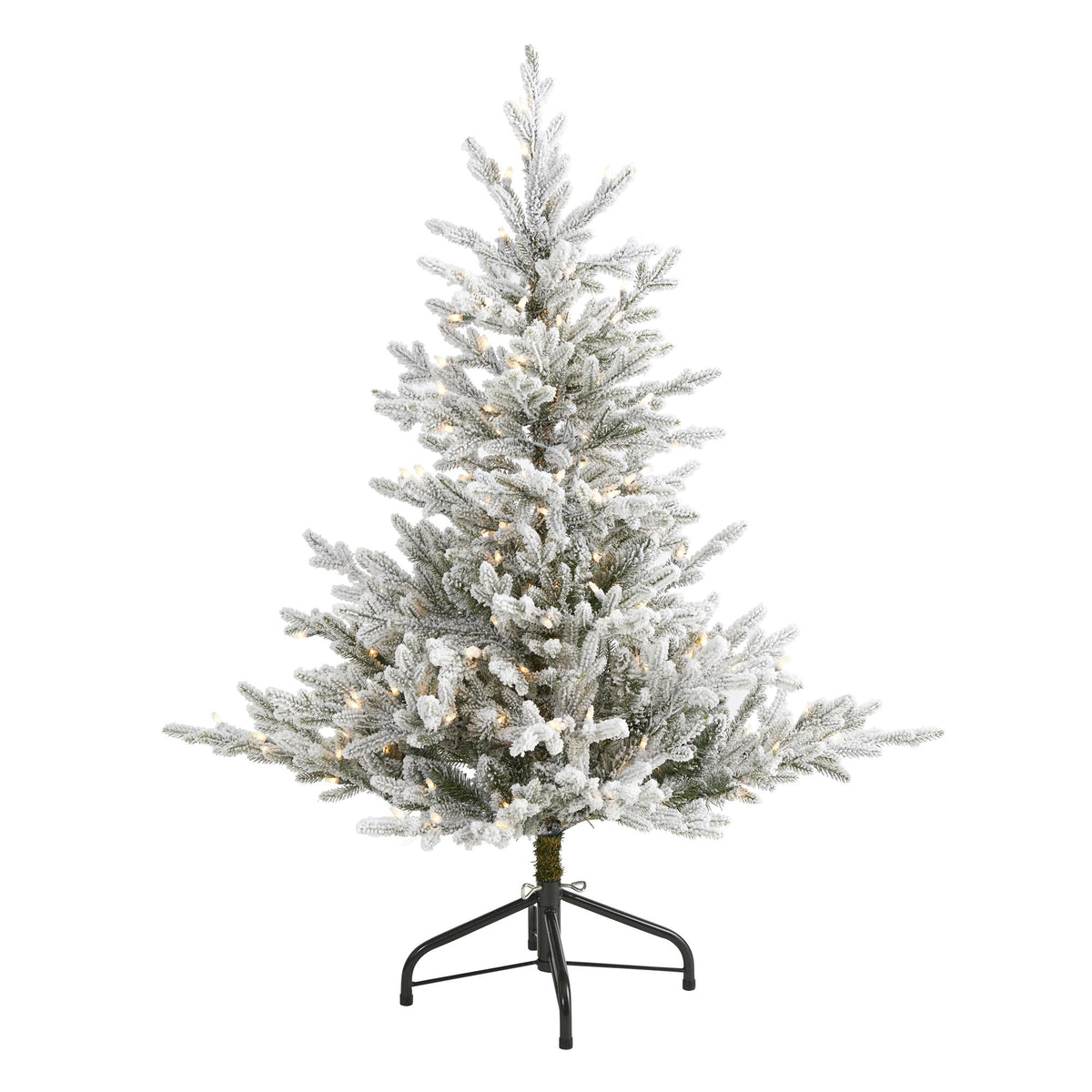 Nearly Natural 4' Green Fraser Fir Flocked Artificial Christmas Tree Prelit 300 Warm White Lights
