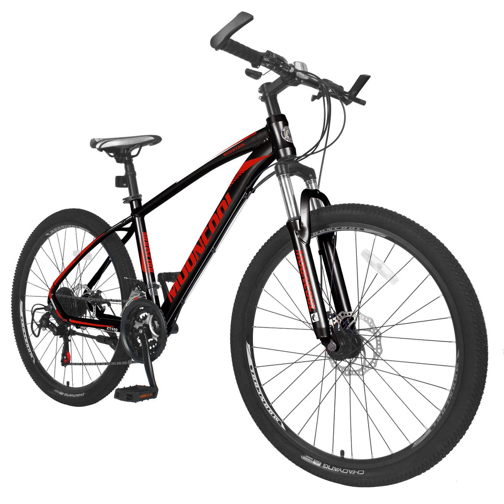 Mooncool Mountain Bike Adult MTB Bike Black with Red, Disc Brakes Mountain Bicycle, 21 Speeds Aluminum Frame 26 Inches Wheels Outroad Bike for Mens Womens