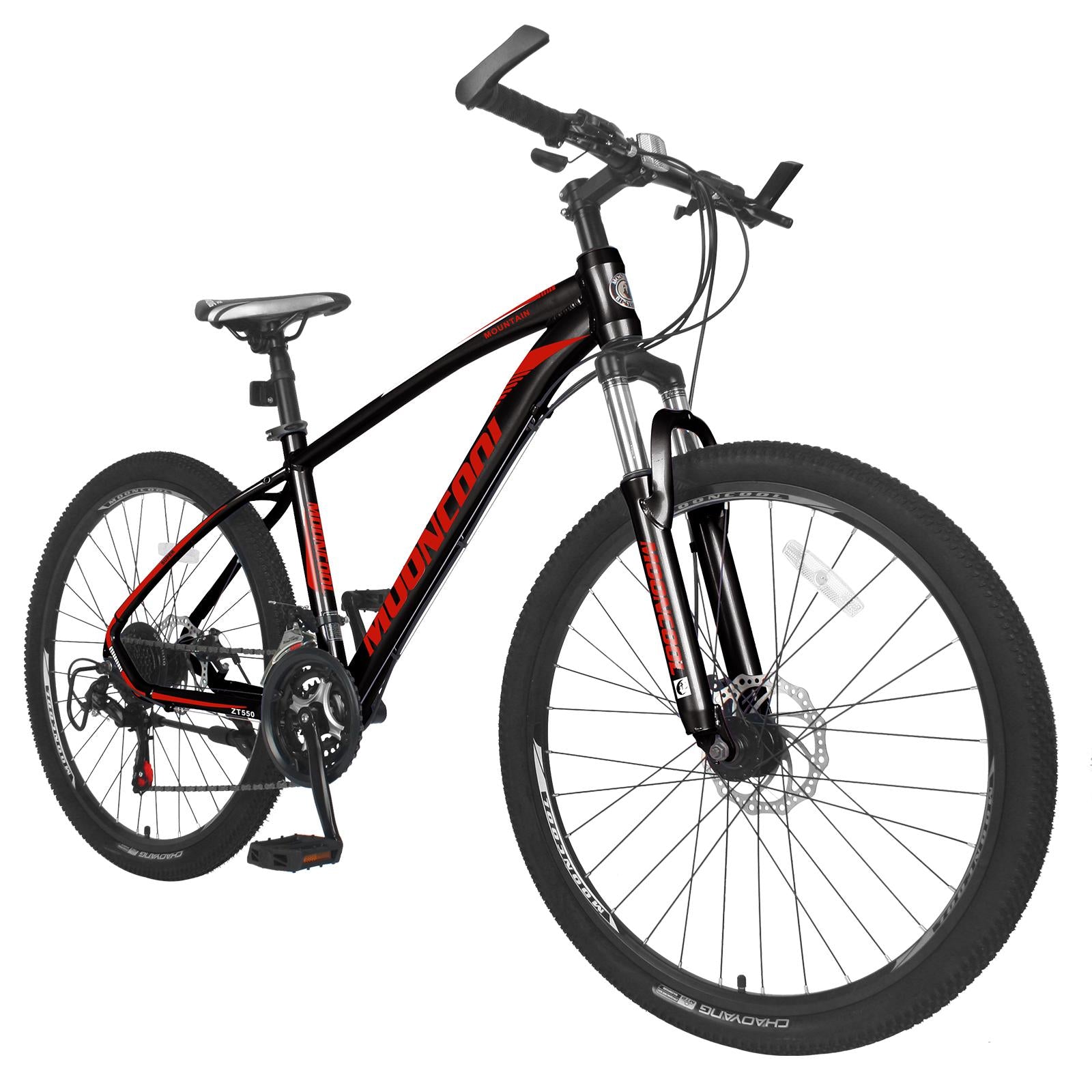 Mooncool Mountain Bike Adult MTB Bike Black with Red, Disc Brakes Mountain Bicycle, 21 Speeds Aluminum Frame 26 Inches Wheels Outroad Bike for Mens Womens