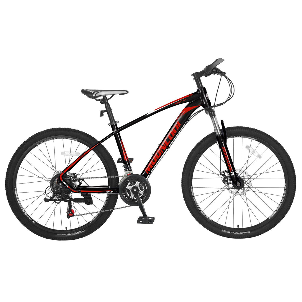 Mooncool Mountain Bike Adult MTB Bike Black with Red, Disc Brakes Mountain Bicycle, 21 Speeds Aluminum Frame 26 Inches Wheels Outroad Bike for Mens Womens