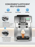 Commercial Ice Cream Machine 5.3-7.4 Gal/H, 3 Flavors Countertop Soft Serve Ice Cream Machine with 8L Hopper, Auto Clean Ice Cream Maker With Pre-Cooling for Snack Restaurants Bars, 1800W
