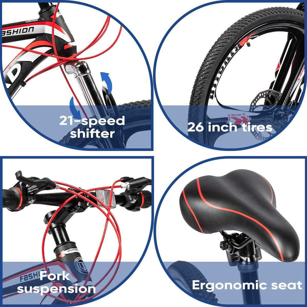 Max4out Mountain Bike 21 Speed with High Carbon Steel Frame, 26 inch Wheels, Double Disc Brake, Front Suspension Anti-Slip Bikes Red/Orange
