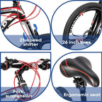 Max4out Mountain Bike 21 Speed with High Carbon Steel Frame, 26 inch Wheels, Double Disc Brake, Front Suspension Anti-Slip Bikes Red/Orange