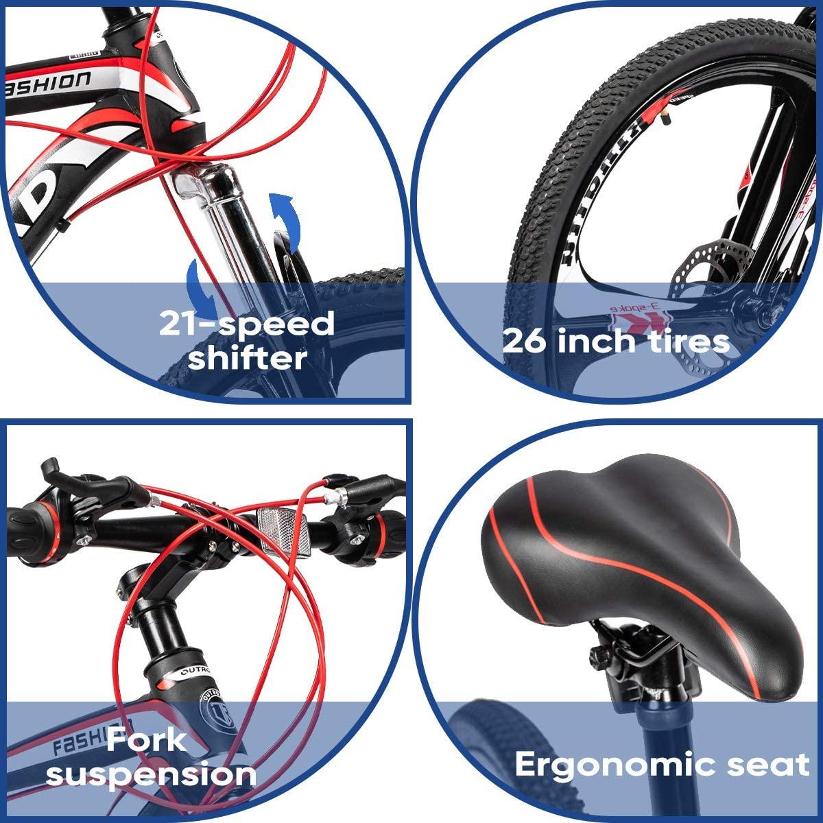 Max4out Mountain Bike 21 Speed with High Carbon Steel Frame, 26 inch Wheels, Double Disc Brake, Front Suspension Anti-Slip Bikes Red/Orange
