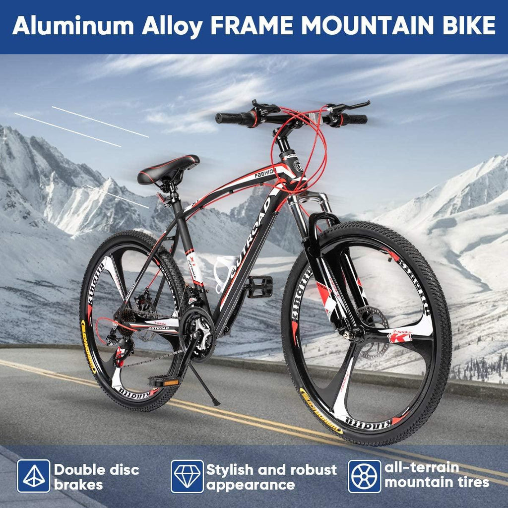Max4out Mountain Bike 21 Speed with High Carbon Steel Frame, 26 inch Wheels, Double Disc Brake, Front Suspension Anti-Slip Bikes Red/Orange