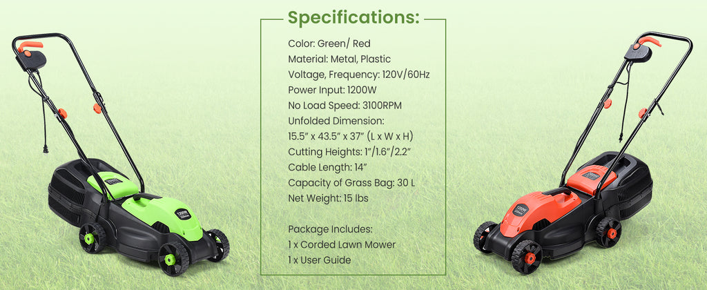Lawn Mower, 13 Inch 2-in-1 Electric Lawn Mower with Grass Collection Bag, Folding Handle, Adjustable Cutting Height, Corded Push Lawn Mowers for Garden Yard, 12 Amp (Green)