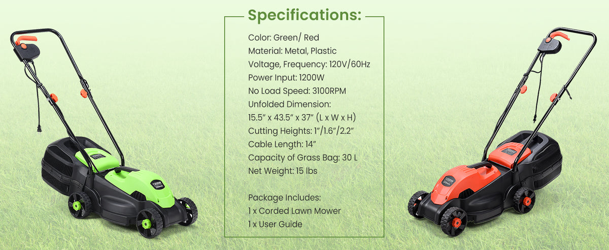 Lawn Mower, 13 Inch 2-in-1 Electric Lawn Mower with Grass Collection Bag, Folding Handle, Adjustable Cutting Height, Corded Push Lawn Mowers for Garden Yard, 12 Amp (Green)